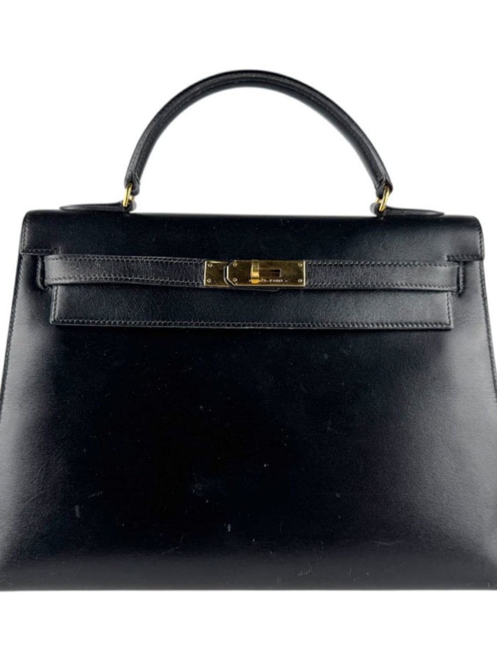 Hermès Kelly 32 Box Black Leather Top-Handle Bag | Clochette Key & Lock Gold